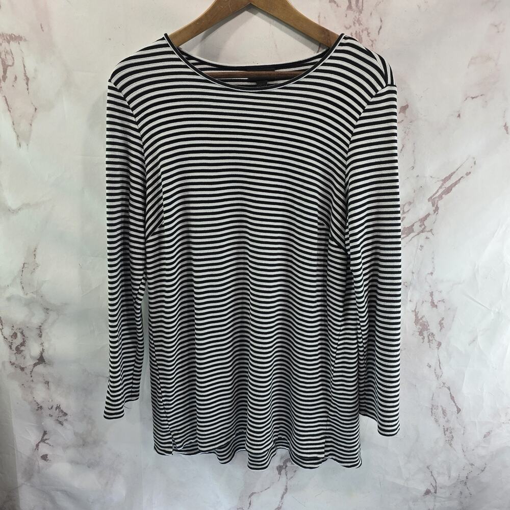 J Jill Shirt Womens Large Black White Striped Long Sleeve Wearever Thick Tee T
